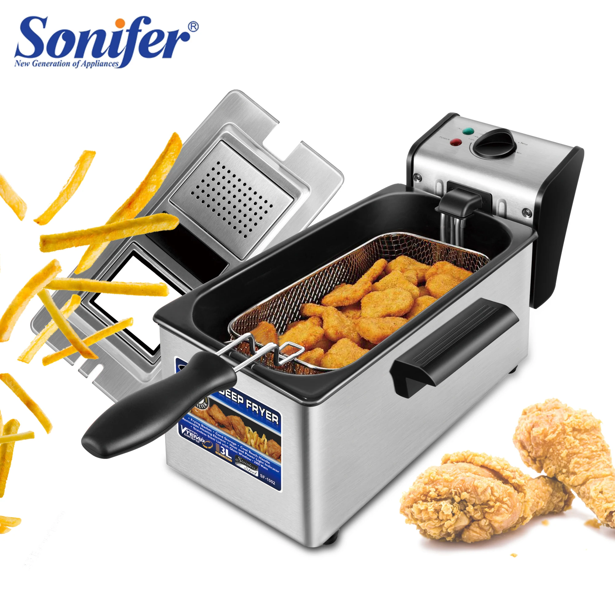 

3L Deep Fryer Electric French Frie Frying Machine Oven Hot Pot Fried Chicken Grill Adjustable Thermostat Kitchen Cooking Sonifer