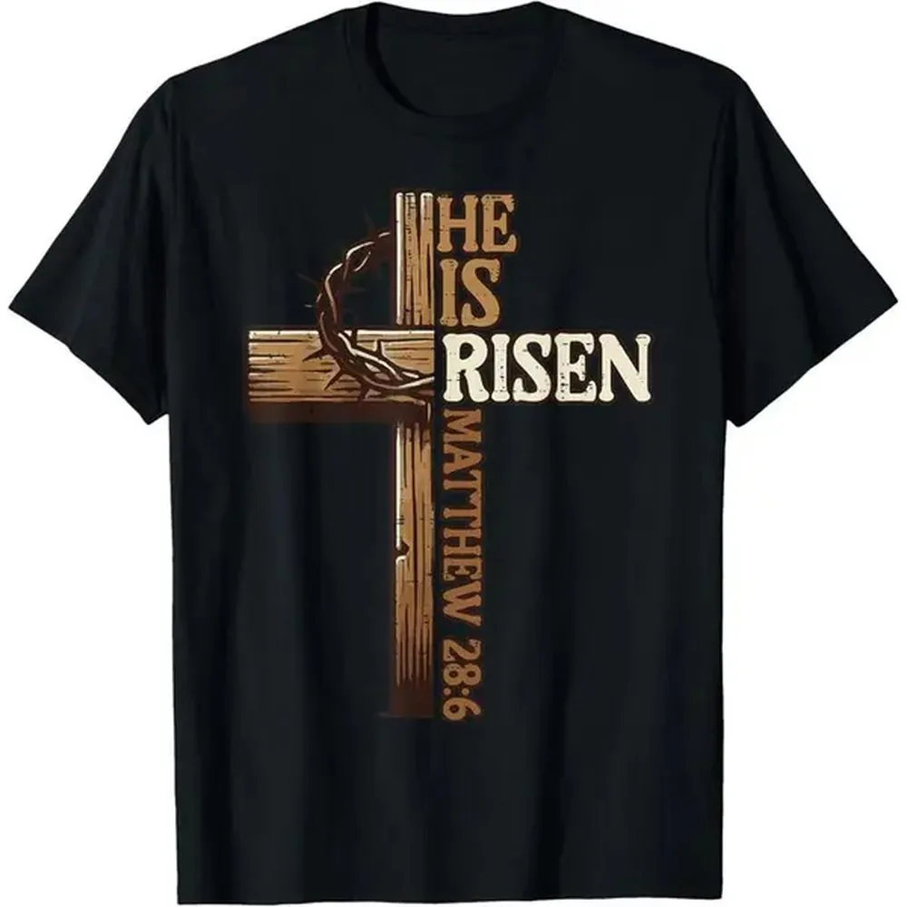 [100% Cotton] Short Sleeve T-Shirt Easter Cross He Is Risen Jesus Christian Men Kid Youth T-Shirt Golf Gift T-Shirt For Men And Women