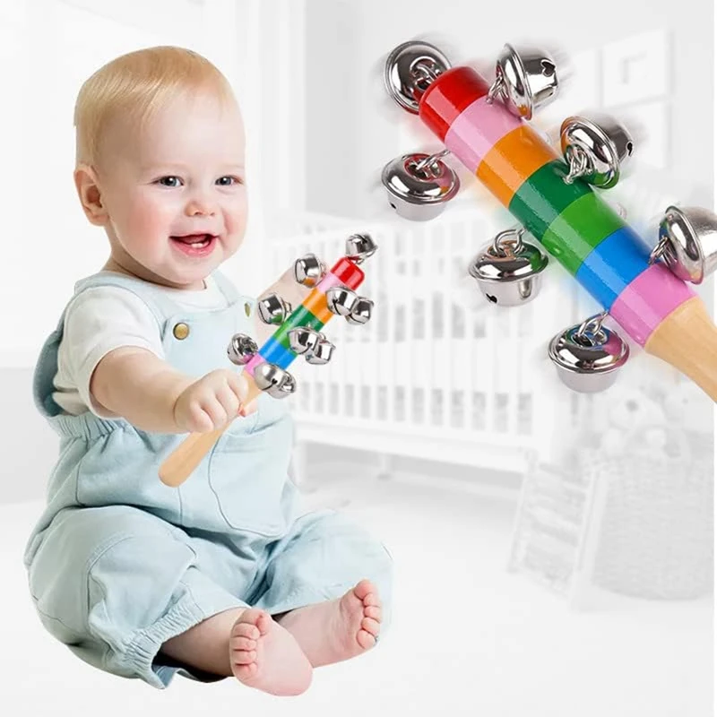 4 ชิ้นมือ Jingle Bells, Rainbow Handle ระฆังไม้ Jingle Stick Shaker Rattle เด็กทารกเด็กดนตรี