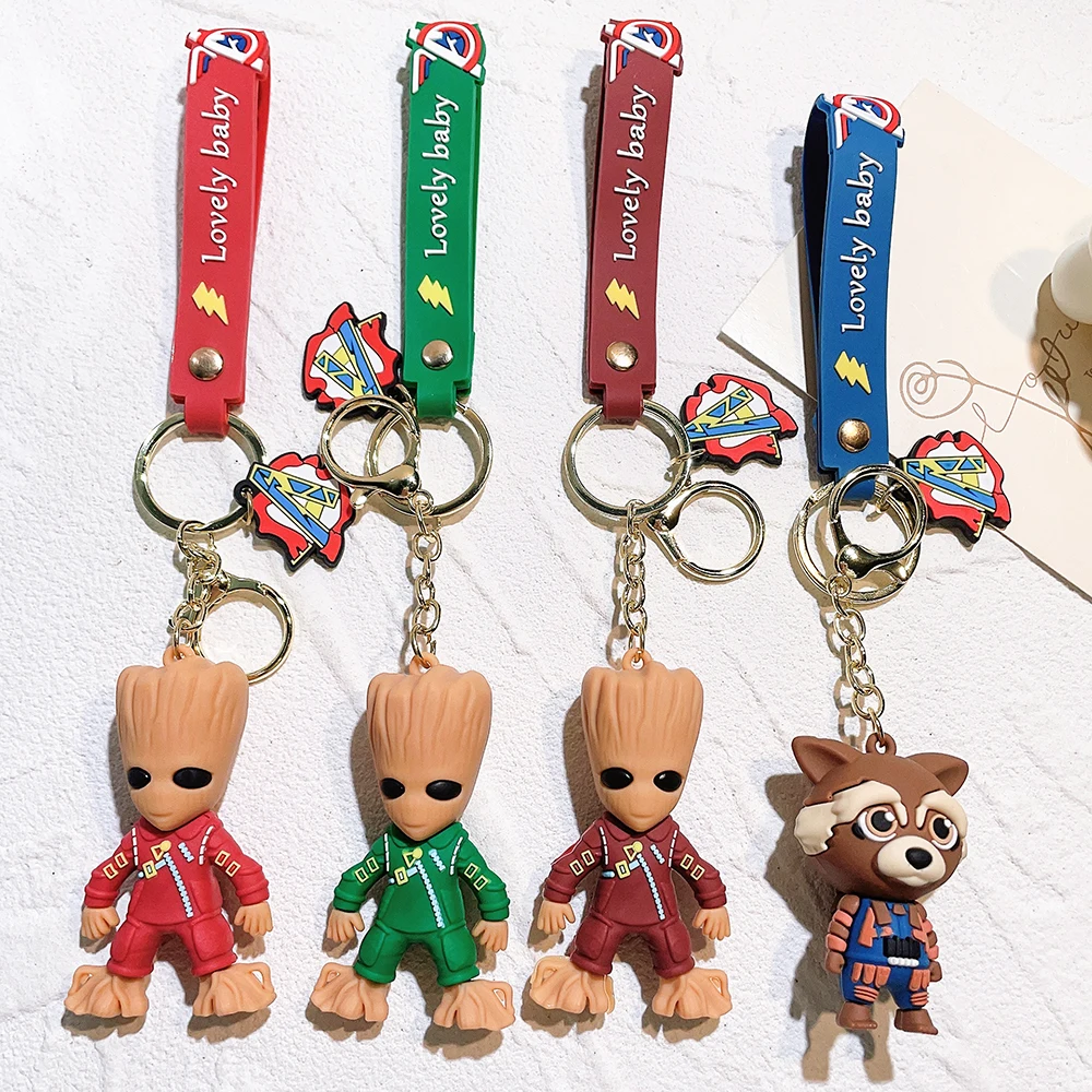 Marvel Movie Guardians of the Galaxy Pendant Keychain Cute Groot Rocket Raccoon Silicone Keyring for Women Bag Accessories Gifts