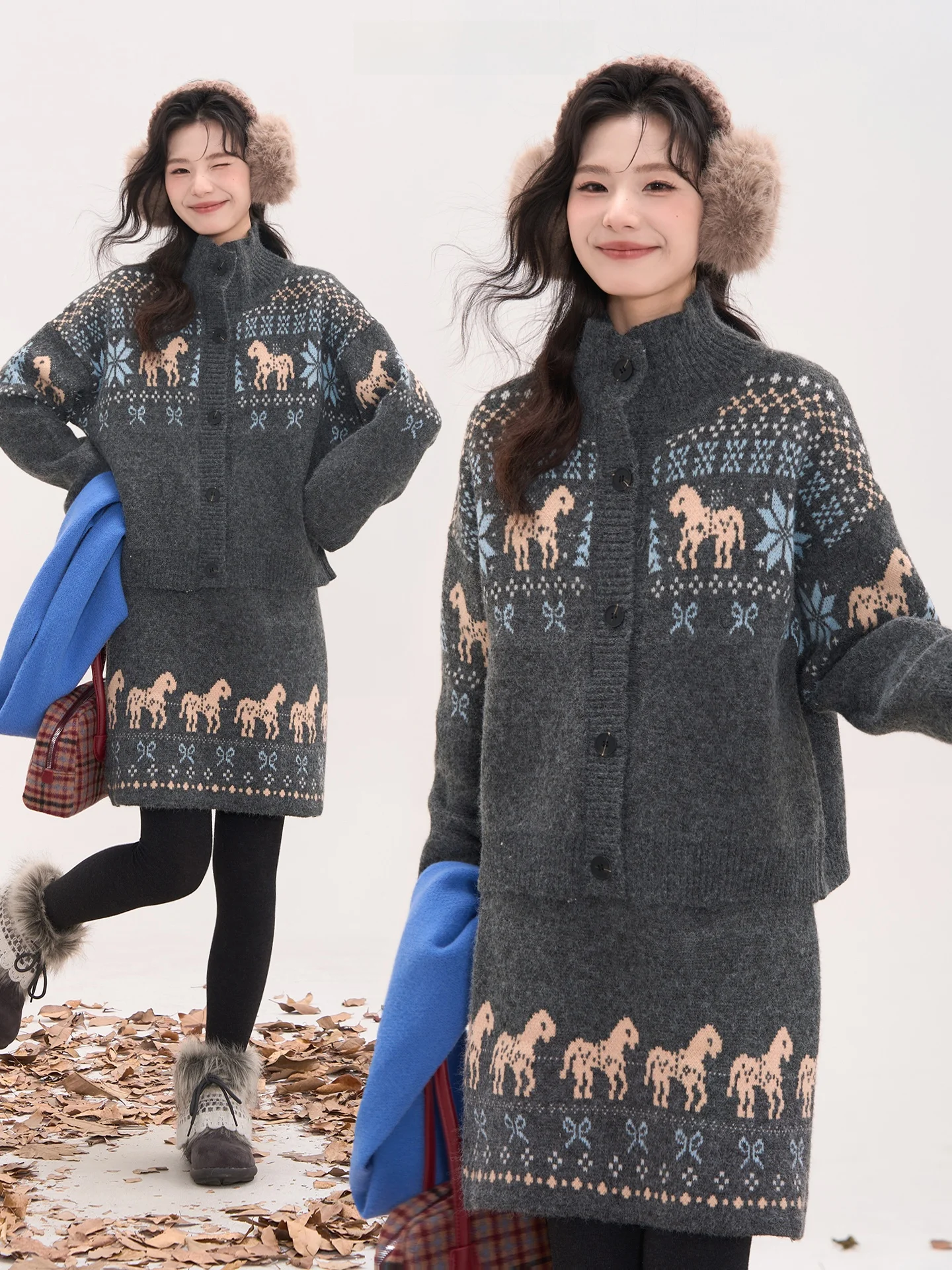 

Зимний женский вязаный комплект: свитер и юбка с собачьим принтом, воротник-стойка, длинная юбка, теплый повседневный наряд