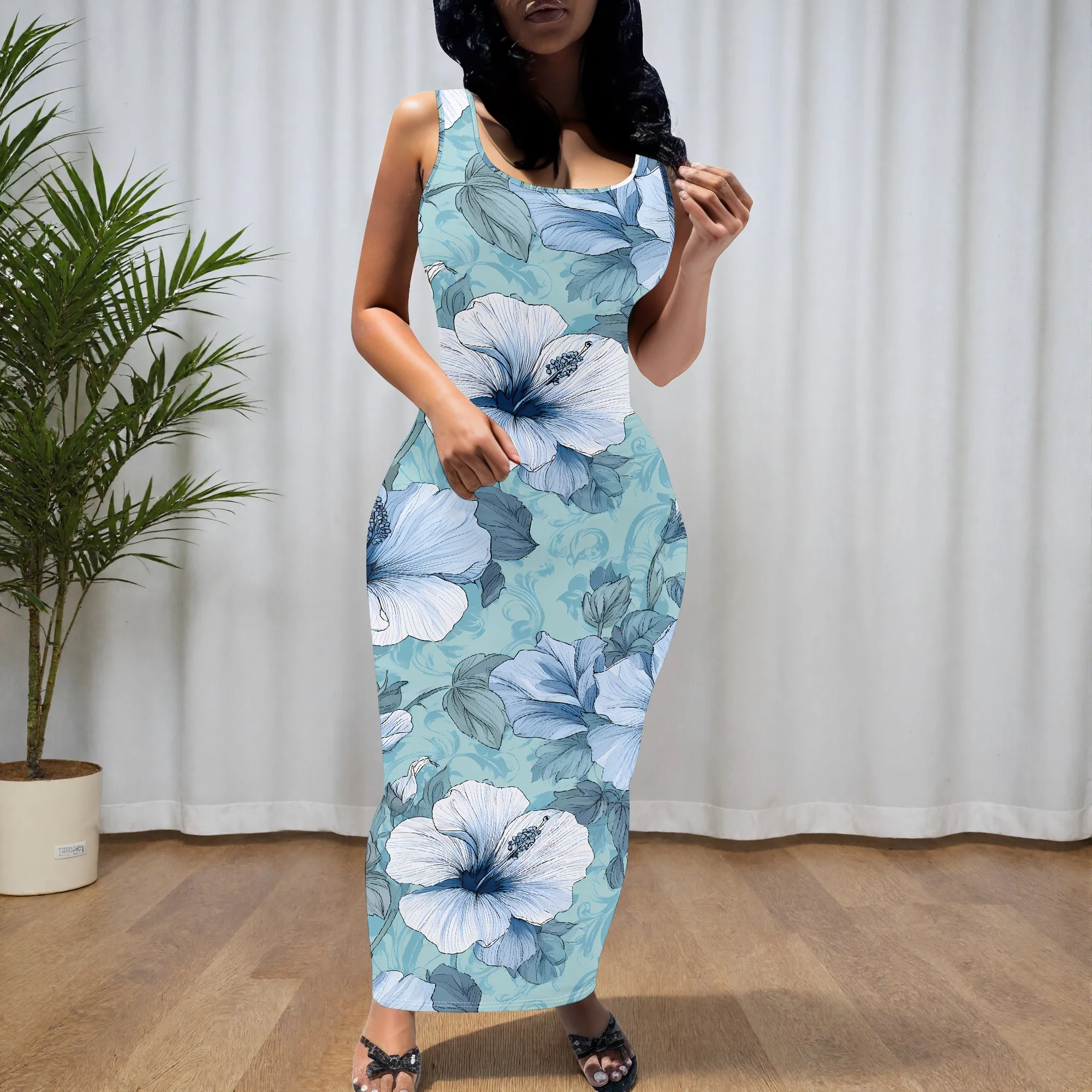 Floral Print Tank Dress, Blue Hibiscus Maxi Dress, Summer Sleeveless Bodycon Dress, Beach Vacation Wear, S-2XL