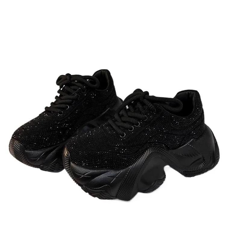 Full Diamond Female 2024 New Rhinestone Fashion Round Toe Platform Thick Bottom Casual Sneaker Dad Shoes Women