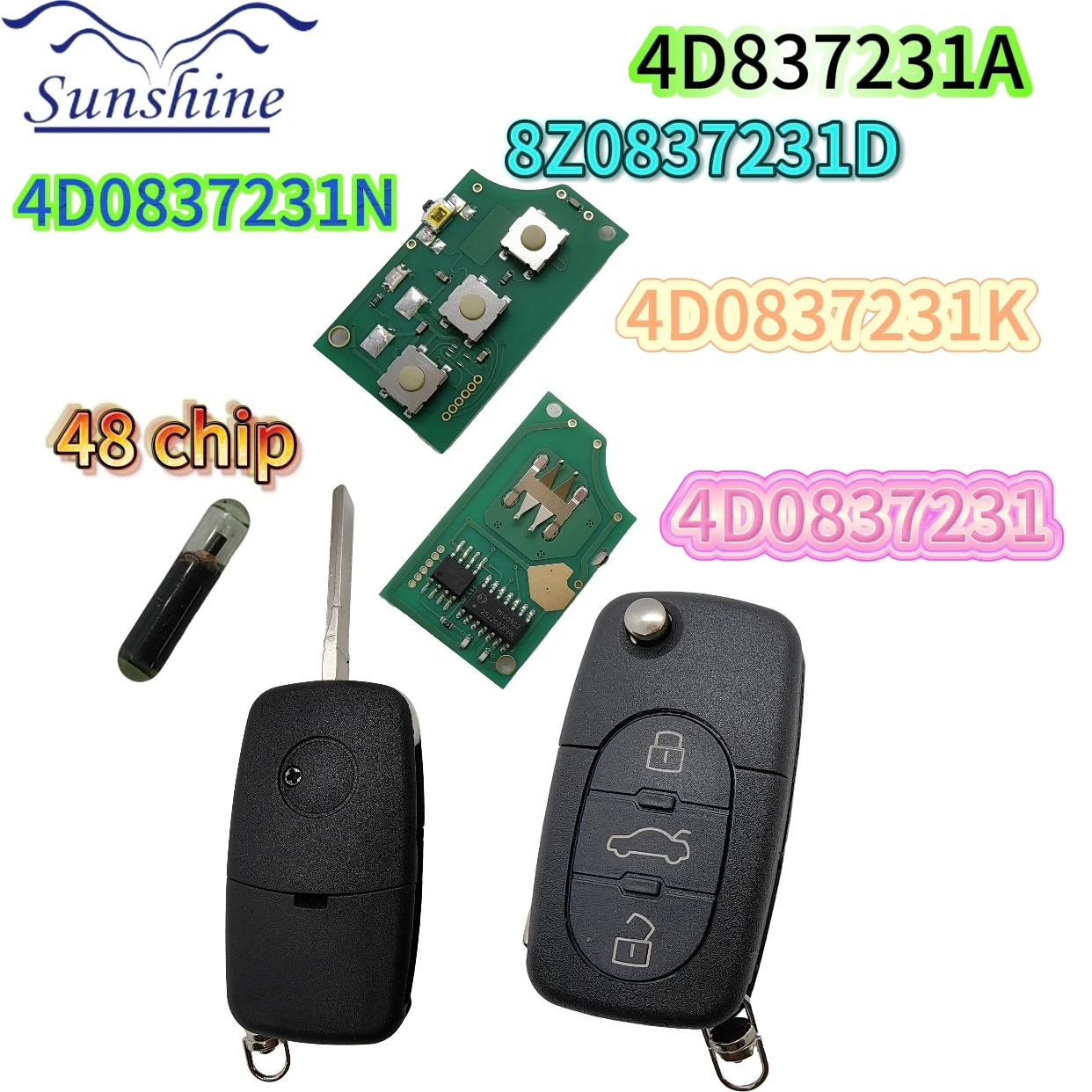 

Sunshine 4D0837231A/N/K/231D удаленный автомобильный ключ, совместимый с Audi A3 A4 A6 A8TT RS4 Quattro, старые модели, 433 МГц ID48 стеклянный чип