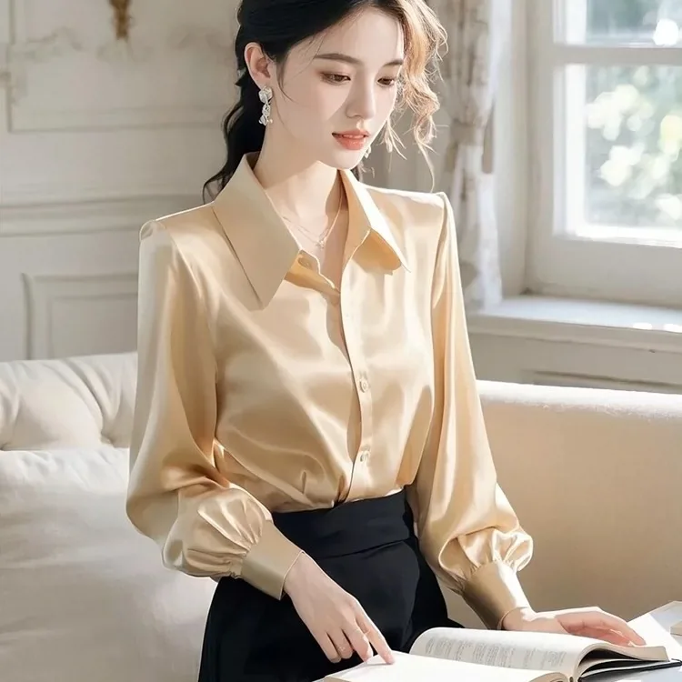 

Light Luxury Champagne Tone Age Reducing Chic Blouse Women Spring French Polo Collar Acetate Satin Work Shirt