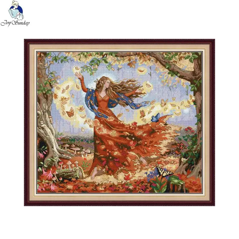 Joy Sunday Embroidery Butterfly Fairy DIY Handmade DMC Threads Print Canvas 11CT Cross Stitch Snow Woman Kits Home Decoration