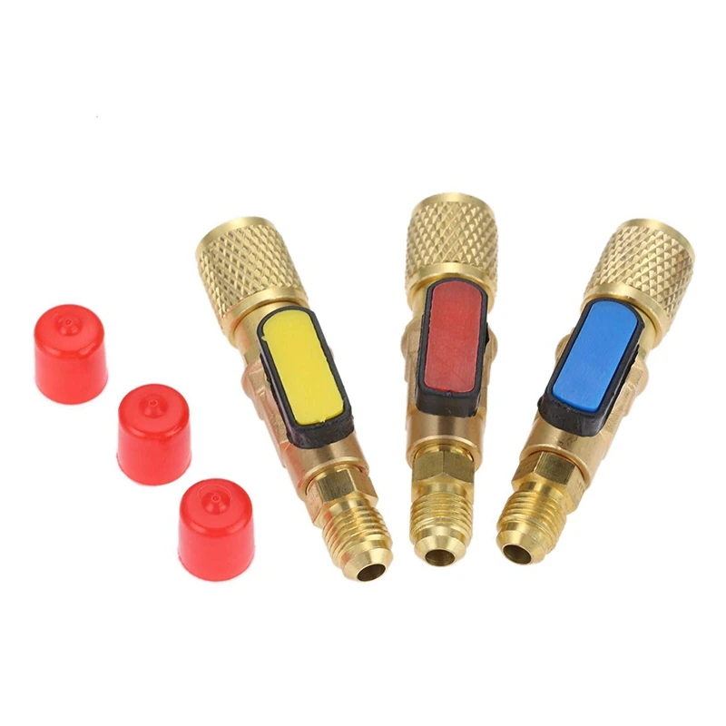 3Pcs/Set Brass R410A Refrigerant Straight Ball Valves AC Charging Hoses Brass 1/4 Inch Male To 1/4 Inch / 5/16 Inch Female SAE V