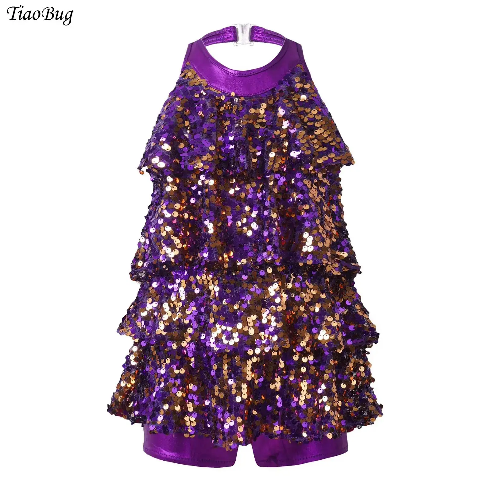 

Kids Girls Shiny Sequin Halter Ballet Dance Shorty Unitard Dress Gymnastics Jazz Dance Leotard Latin Salsa Samba Rumba Dancewear