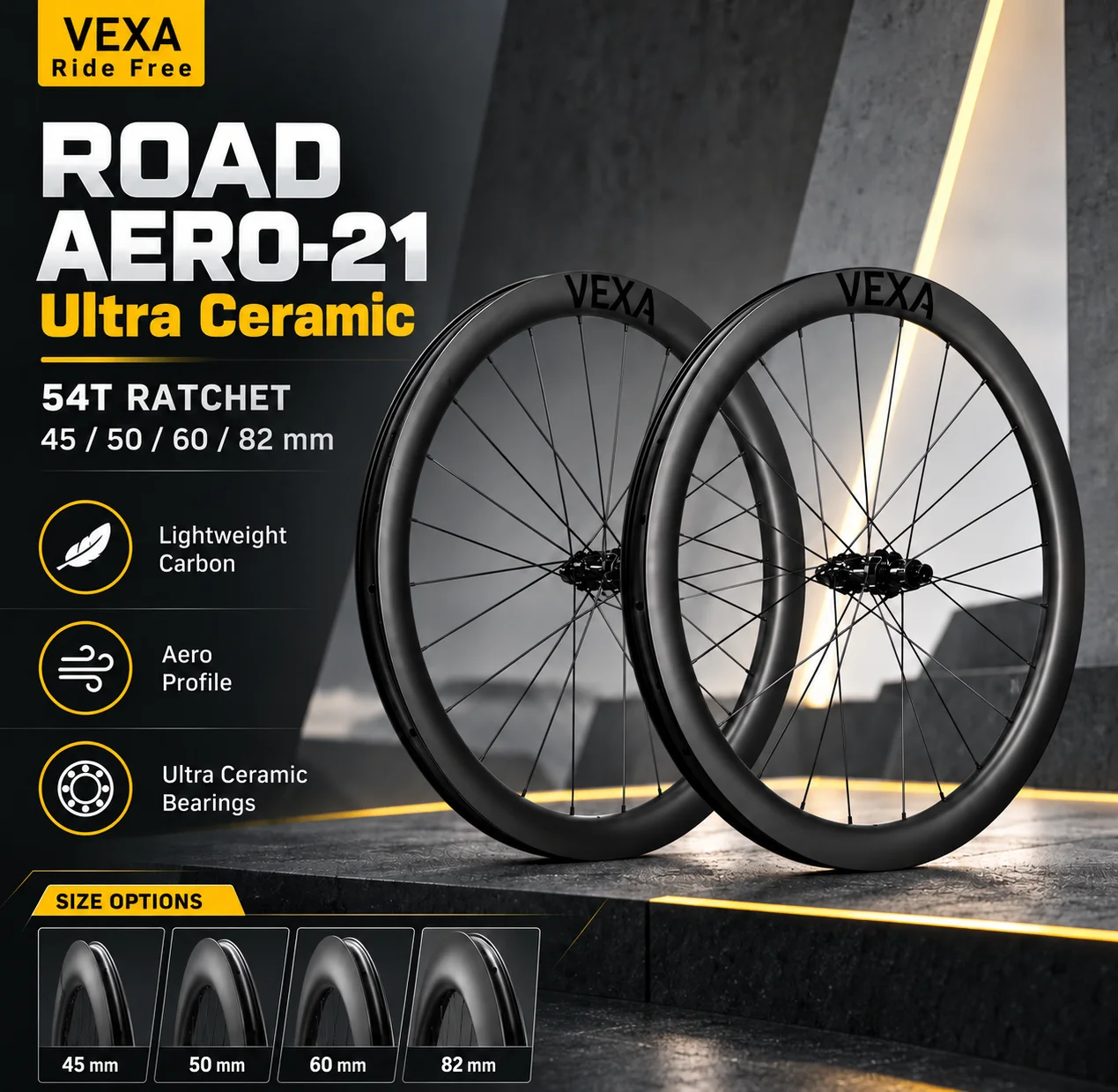 VEXA ROAD AERO-21 700C Carbon-Laufradsatz 54T Ratsche Scheibenbremse Flache Rennrad-Räder Tubeless Clincher Ab 1497g
