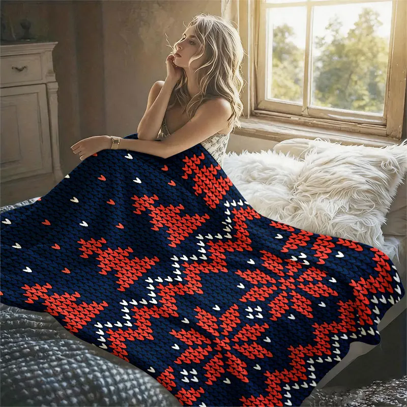 Knit Heart Christmas Print Flannel Blanket Warm Soft Halloween Christmas Decorative Couch Warm Cozy All-Season Gift