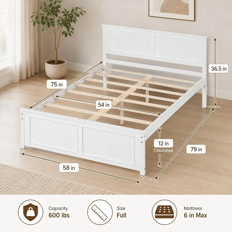 Full Size Wood Platform Bed Frame for Bedroom Use, Natural Wood Finish, Sturdy Solid Wood Construction with Integrated Headboar