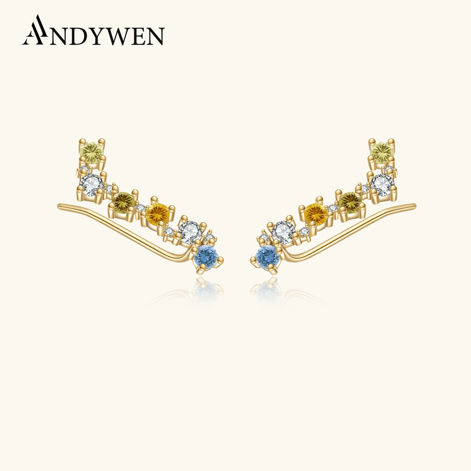 

ANDYWEN 925 Sterling Silver Spring Rainbow CZ Climber Cuff Earring Piercing Women Luxury Jewelry 2022 Long Colorful Crystal Clip