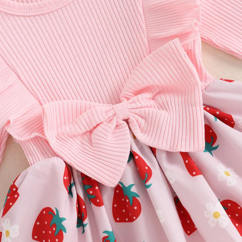 3 to 24 Months Baby Girls Ribbed Bodysuit Strawberry Print Long Sleeve Jumpsuit Bow Headband Outfits Baby Clothing