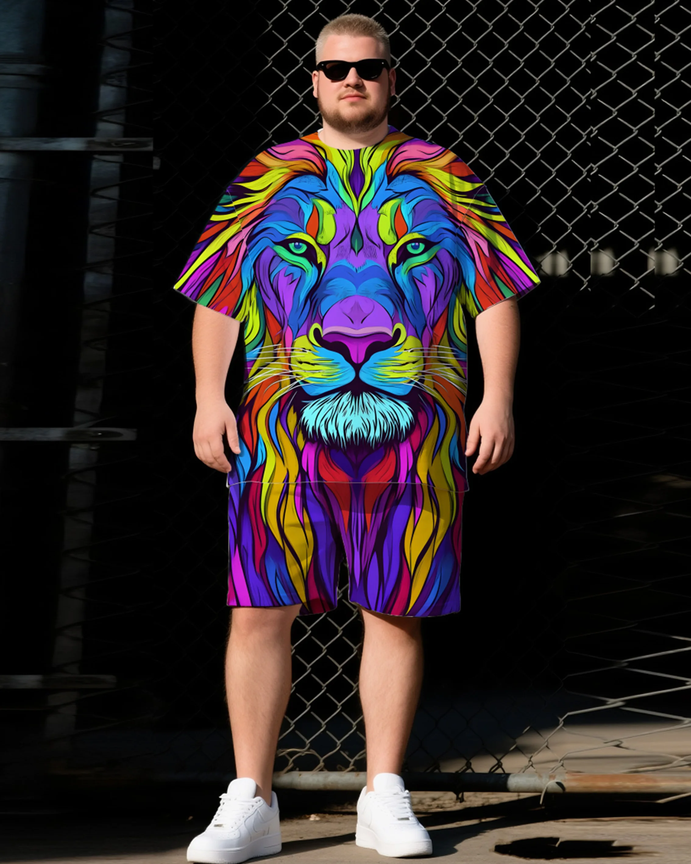 

S-9XL Men's Large Size Lion Painted Short Sleeve T-shirt Shorts Two-piece Set