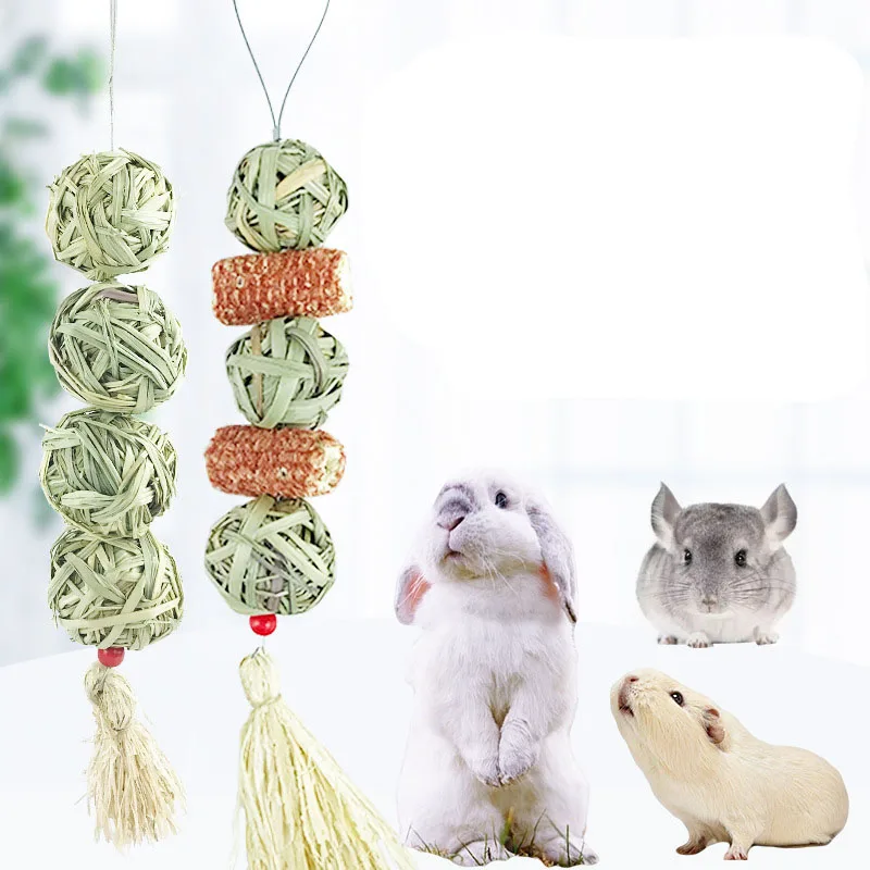 Small Animals Pet Rabbit Chew Toys Natural Aquatic Grass Ball Corn Ears Teeth Grinding Molar Toys for Hamster Pigs Chinchilla