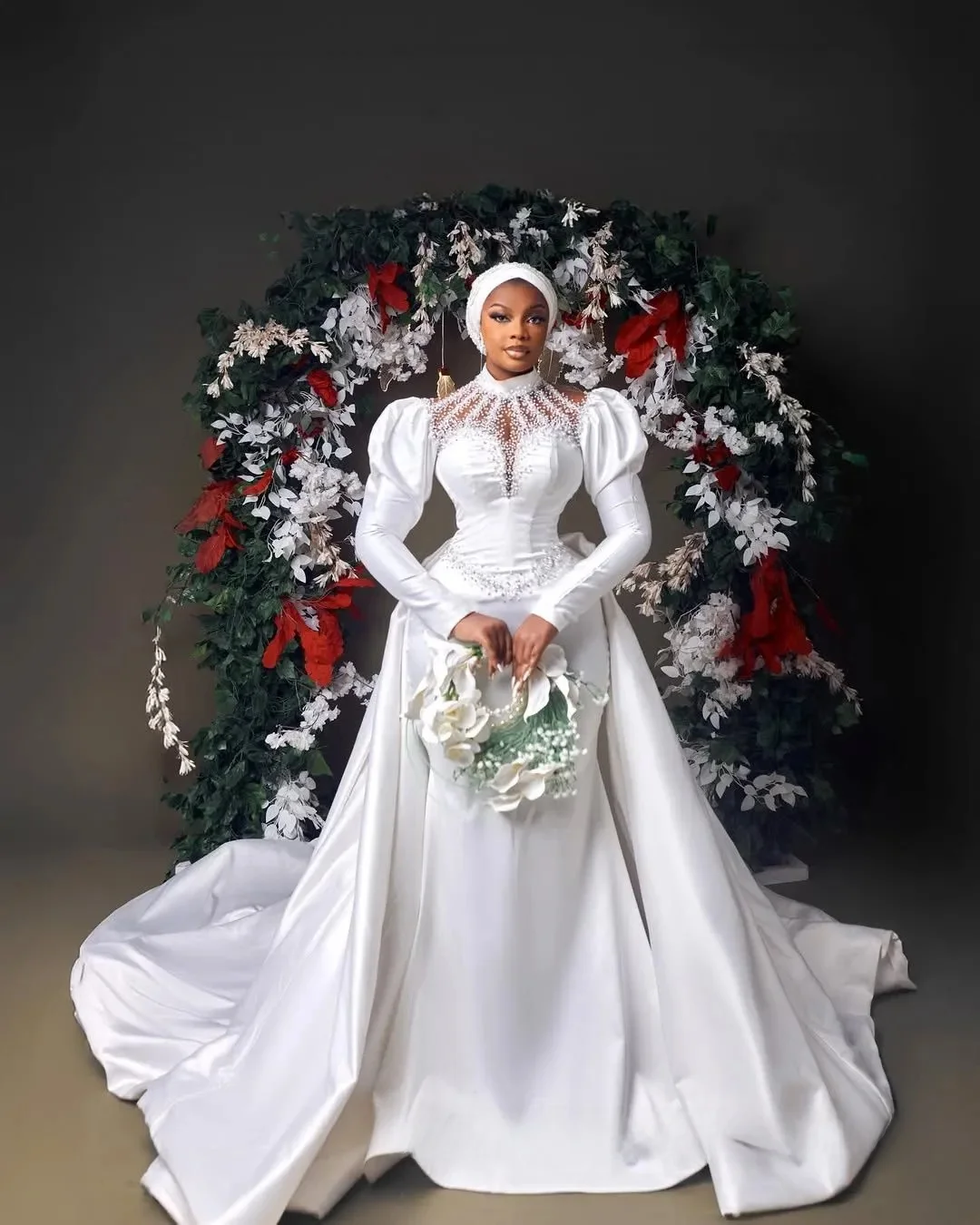 Customized Plus Size Mermaid Wedding Dress Bridal Gowns For Bride Detachable Train High Neck Illusion Long Sleeves Beaded Lace