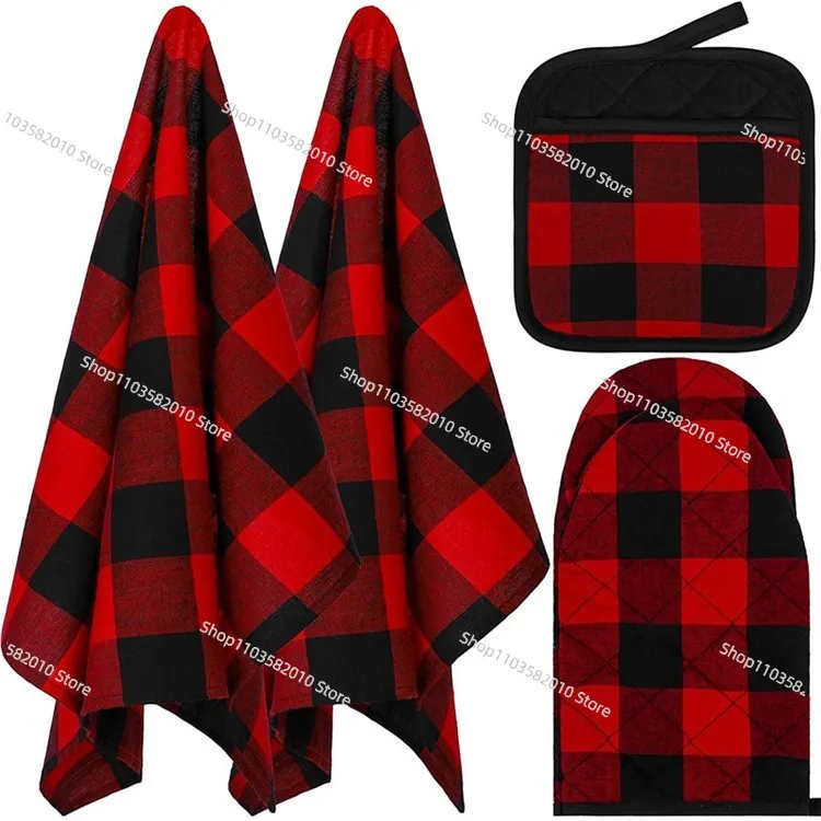 

Черно-белые клетчатые термостойкие перчатки и набор кухонных хлопковых полотенец: прихватка для духовки и подставка для горячего для выпечки, барбекю и гриля