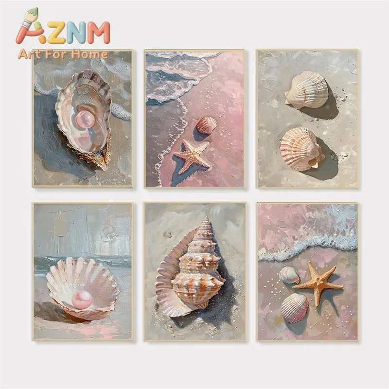AZNM Seashell Pearl Beach Canvas Wall Art Textured Oil Painting Style Print Poster for Living Room Bedroom Home Wall Decor