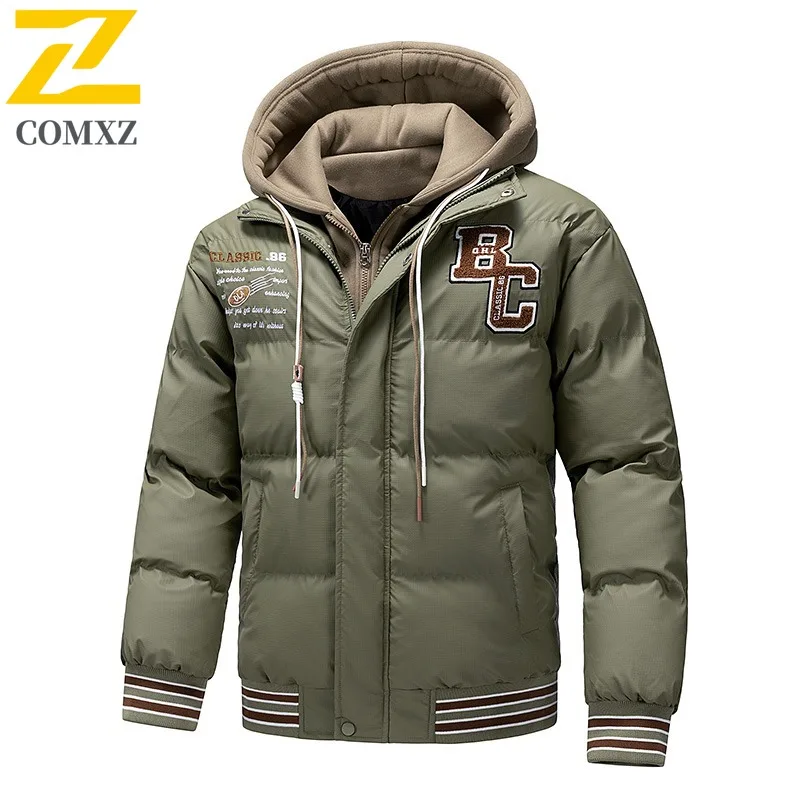 COMXZ 2025 Mens Fake Two Piece Thickened Hooded Winter American style Jacket Warm Tactics Waterproof and Windproof Outdoor Coat