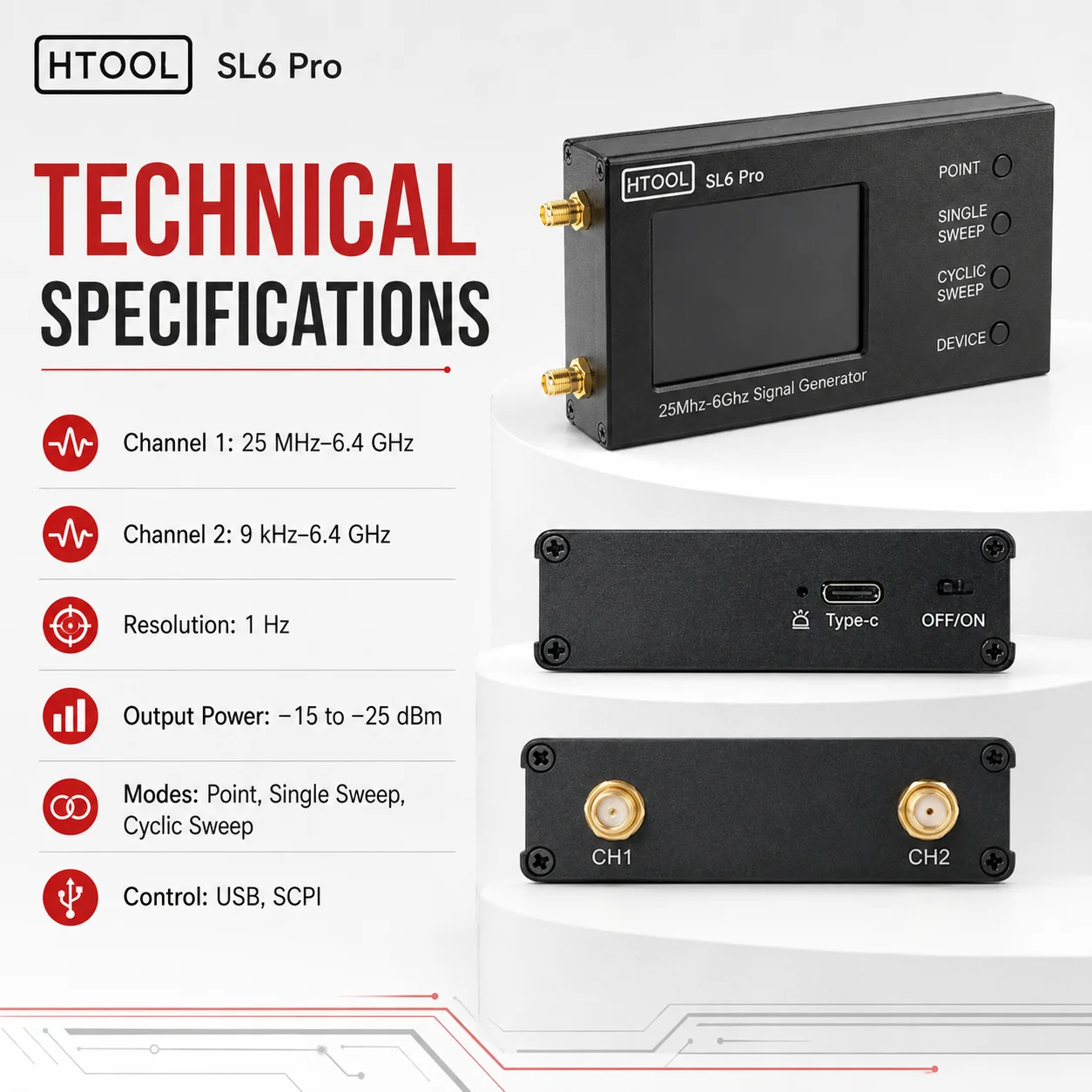 HTOOL SL6 Pro Dual Channel RF Signal Generator, 9 kHz to 6.4 GHz, 1 Hz Resolution, Adjustable Power and SCPI Control
