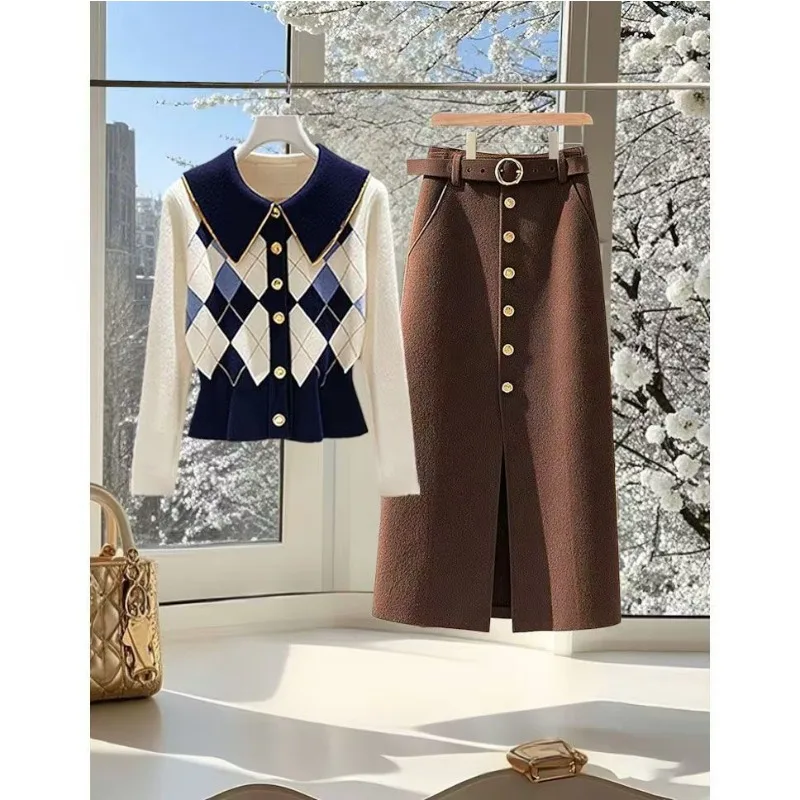 Knit Cardigan Korean  Chic Blue and White Color Contrast Ring-check  Female New Autumn Small Fragrant Wind Waist Sweater Coat