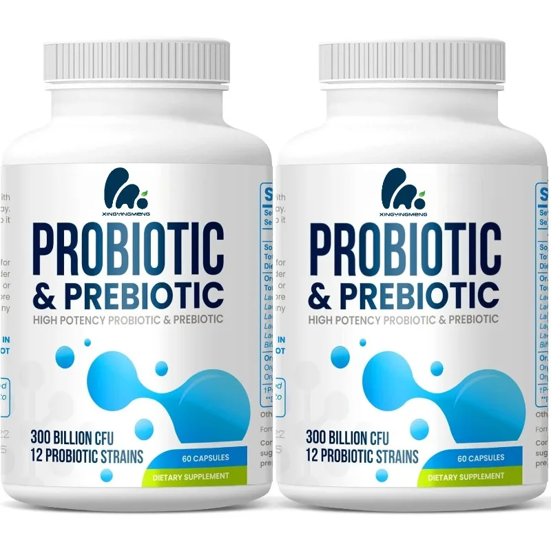 

12 strains of 300 billion CFU probiotics+prebiotic capsules, providing digestive, immune, intestinal, bloating health benefits