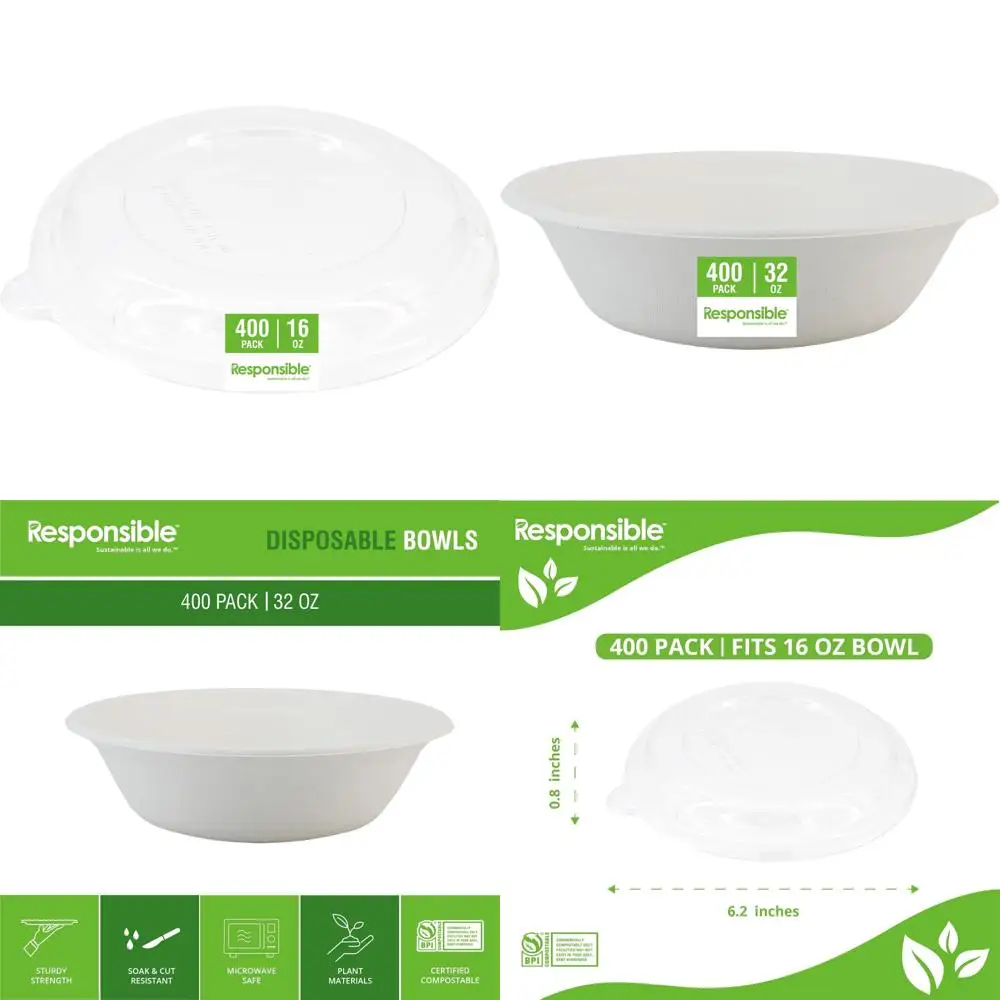 

Non-PFAS 16 oz Bowls with Tree-Free Lids, Extra Strength, 400 Count, Clear Lids for Responsible Products
