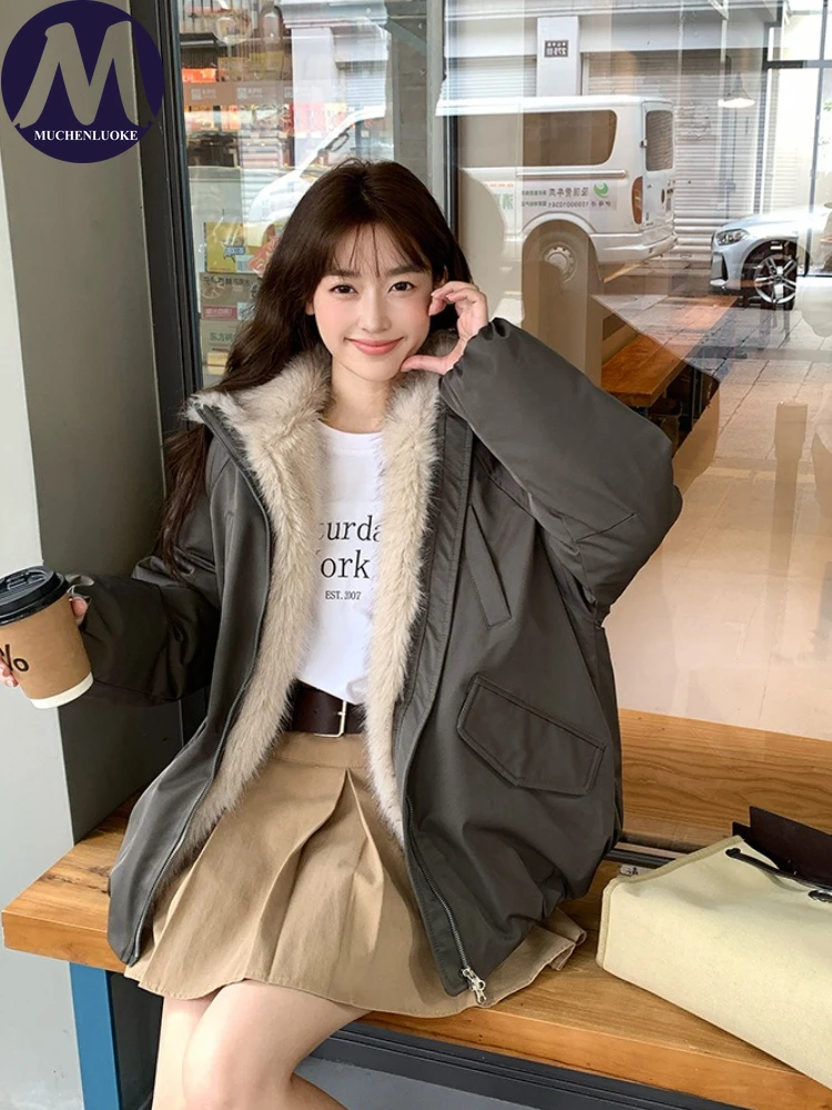Jackets for Woman Winter Elegant Long Sleeve Plush Stand Collar Down Cotton Coat Korean Fashion Casual Loose Thick Warm Parkas
