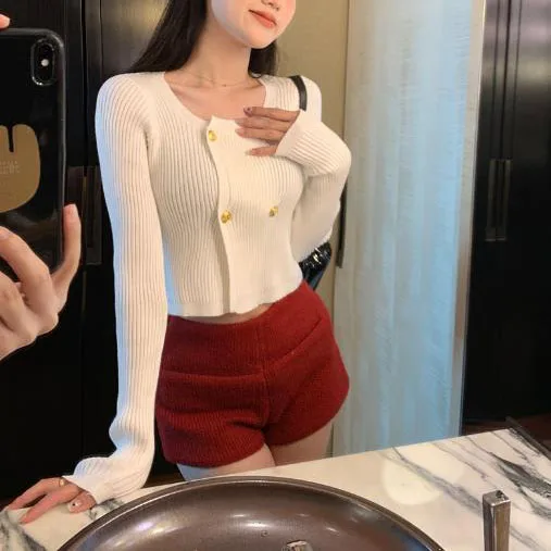 Rimocy Gold Buttons Square Collar Sweater Women 2024 Fashion Long Sleeve Knitted Jumper Woman All Match Slim Fit Knitwear Ladies