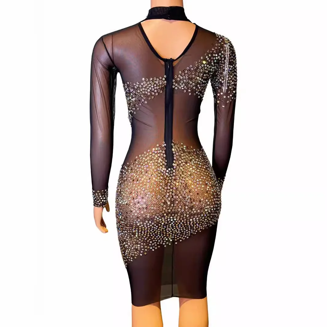 Diamond Birthday Dress Elegant Sparkle Diamond Mesh Ball Dress High Neck Knee Ladies Vestidos De Graduación Vestidos De Flamenca