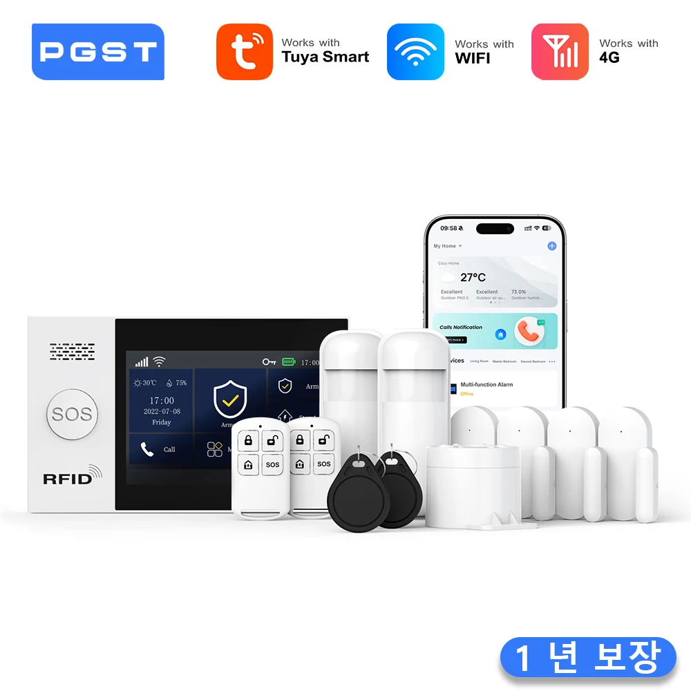 PGST WiFi 4G 투야 스마트 라이프 홈 알람 보안 시스템 키트 알렉사 홈 오토메이션 알람 보안 보호 도어 모션 센서