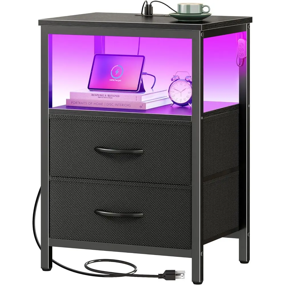 

Contemporary LED-lit Nightstand, Dual-Purpose Bedside Table with Open Shelf, Modern Black Accent Table for Bedroom