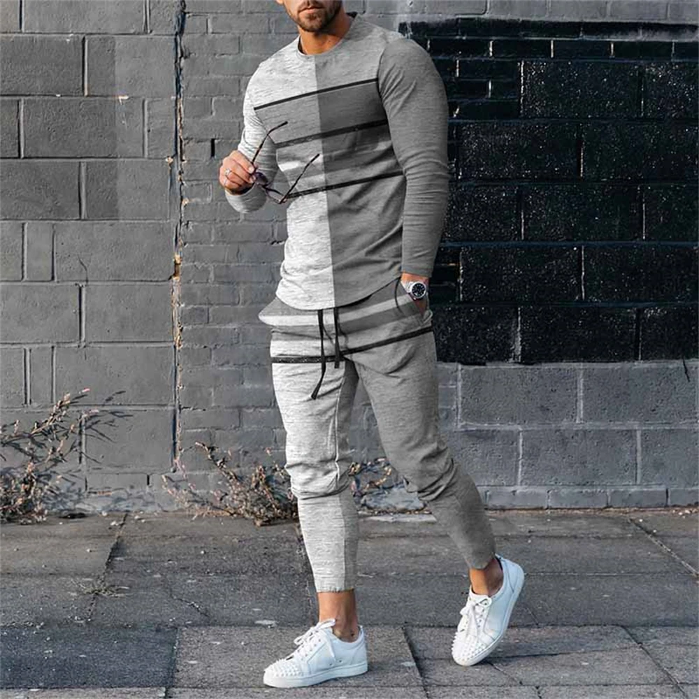 Men\'s Sweat-shirt Set Print Long Sleeve T Shirt Pants Suits O Neck Tops Sweatpants Sportswear Male Tracksuits Sets Men Clothing