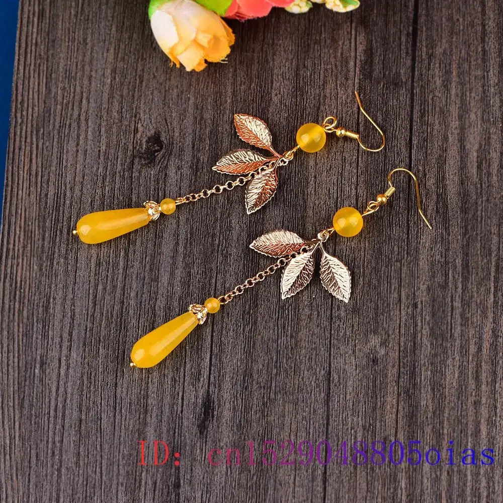 Yellow Jade Leaf Earrings Fashion Jewelry Women Amulet Gifts 925 Silver Gemstone Zircon Natural Charm Chalcedony Crystal