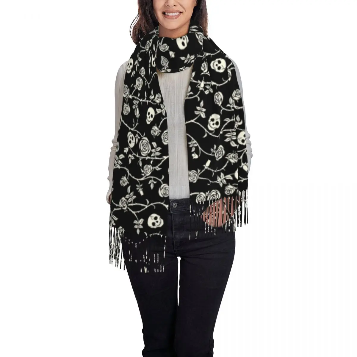 Custom Skull Floral Rose Thorn Gothic Scarf Wrap for Women Long Winter Fall Warm Tassel Shawl Unisex Scarves view 2