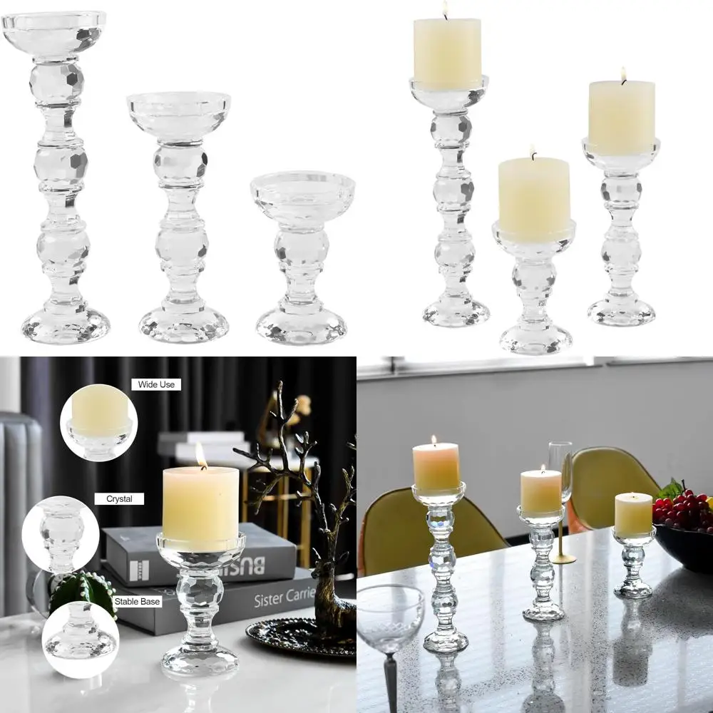 

Crystal Candlestick Set - 3 Piece Clear Pillar Candle Holders for Living Room and Wedding Decor (5, 8, 11 Inches Tall)