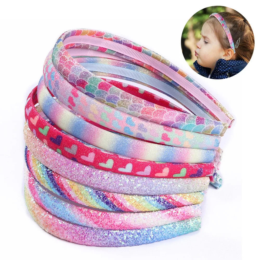 Glitter Rainbow Headbands Sweet Hairband Children Head Bands For Girls Sequin Printed Heart Mermaid Headband Kids Hair Piece