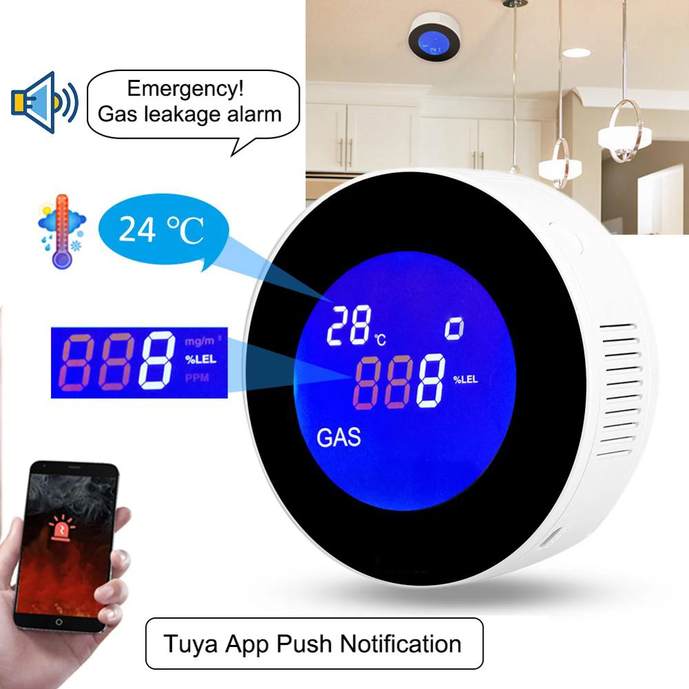 Tuya Smart Wifi Natuurlijke Gas Alarm Sensor Met Temperatuur Functie Brandbaar Gas Lek Detector Lcd Display Met Tijd Display