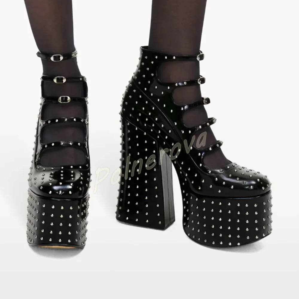 Women Studded Platform Ankle Boots Multi Buckle Cutout Design Round Toe Shoes Block High Heels Gothic Punk Party Dress Shoes