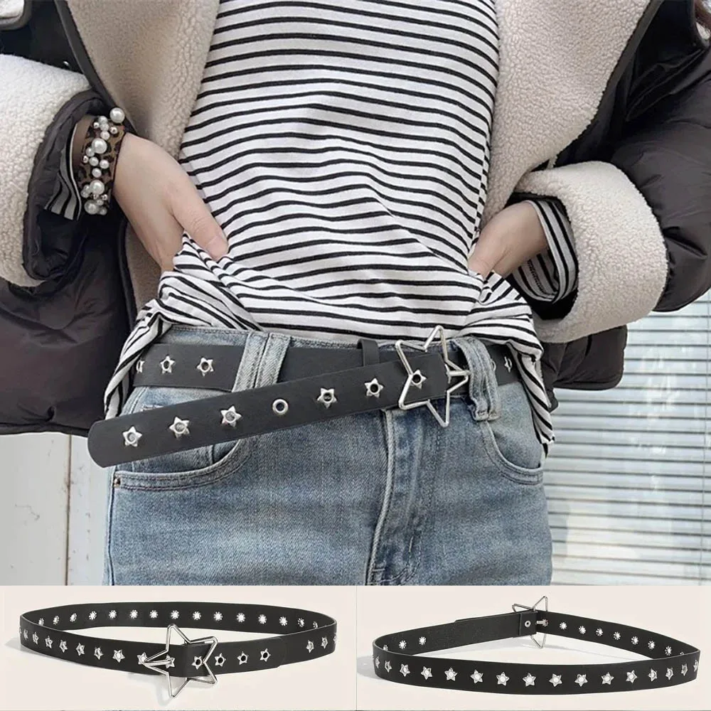 Gothic PU Leather Alloy Single Row Belt High Quality Rivet Star Porous Belt Vintage Hip Hop Rock Style Subculture Y2K Belt Punch