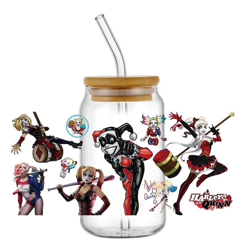 Harley quinn-uv dtfカップラップトランスファーステッカー、ピエロガールカスタムラベル、libbeyガラス缶用のDIY防水ロゴ、16オンス