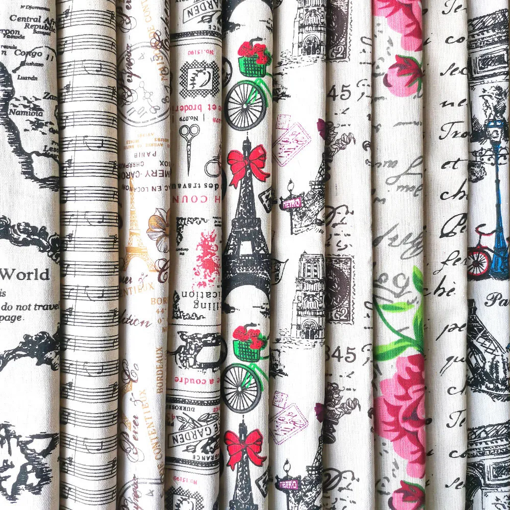 45x150CM Vintage Retro Elegant Paris Eiffel Tower Flag Printed Fabric Cotton Linen Handicraft Cloth DIY Decor Tablecloth Textile