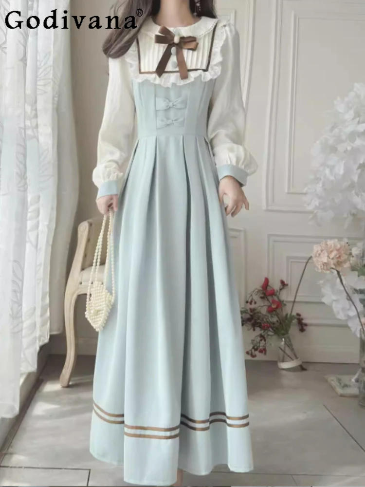 

Весеннее элегантное французское платье в студенческом стиле с бантом, воротником Питер Пэн, модное, с завышенной талией, А-силуэта, светло-голубое, с длинными рукавами и вставками