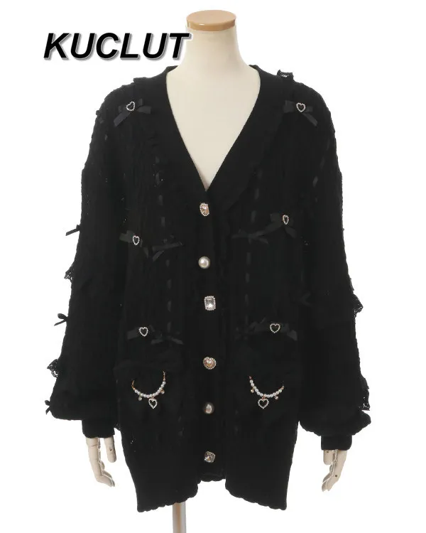 

Japanese Sweet Mass-produced Lolita Style Hollow Bow Knitted Sweater Fashion Casual Mid-length Cardigan Sweaters Top for Women