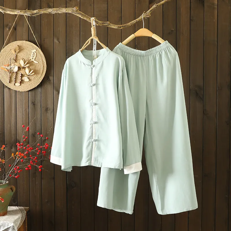 

Loose Zen Tai Chi Clothes Cotton and Linen Two-piece Set Stand-up Collar Shirt Casual Straight Wide-leg Pants Fashion Suit Women