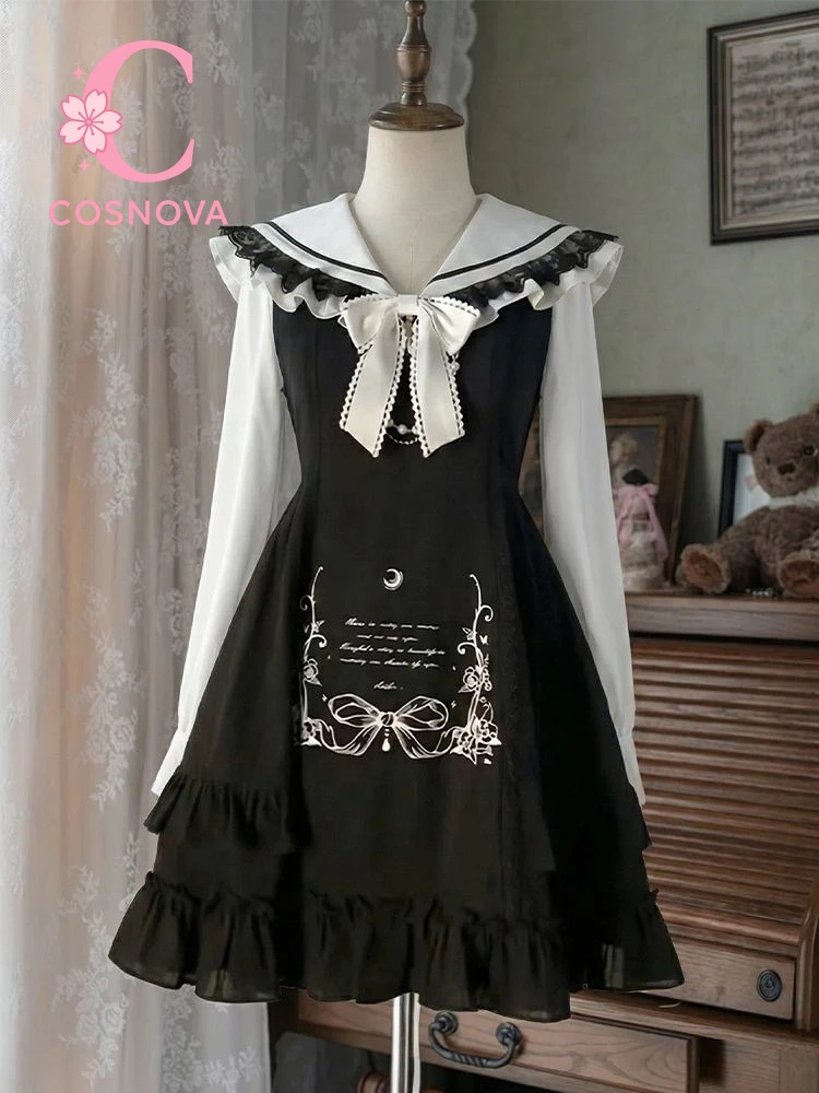 

Japanese Sweet Lolita Color Block Sailor Collar Dress Petite Fit Harajuku Academy Style Long Sleeve Ruffle Hem Mini Dress Cute