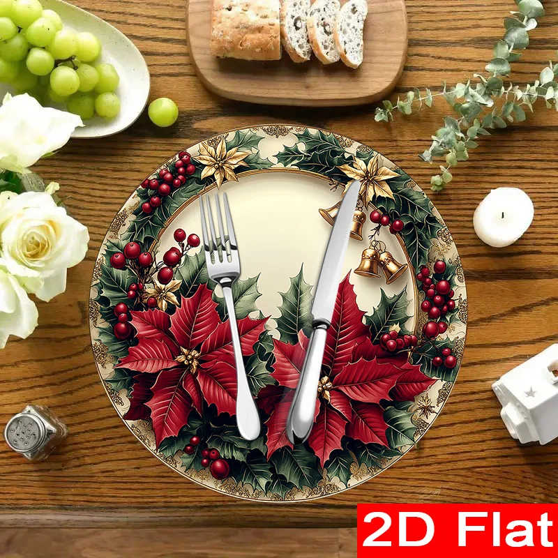 VIKAMA Round Christmas Placemats Holly Bell Poinsettia Linen Mats Non-Slip Heat Resistant for Classic Xmas Party Table Decor