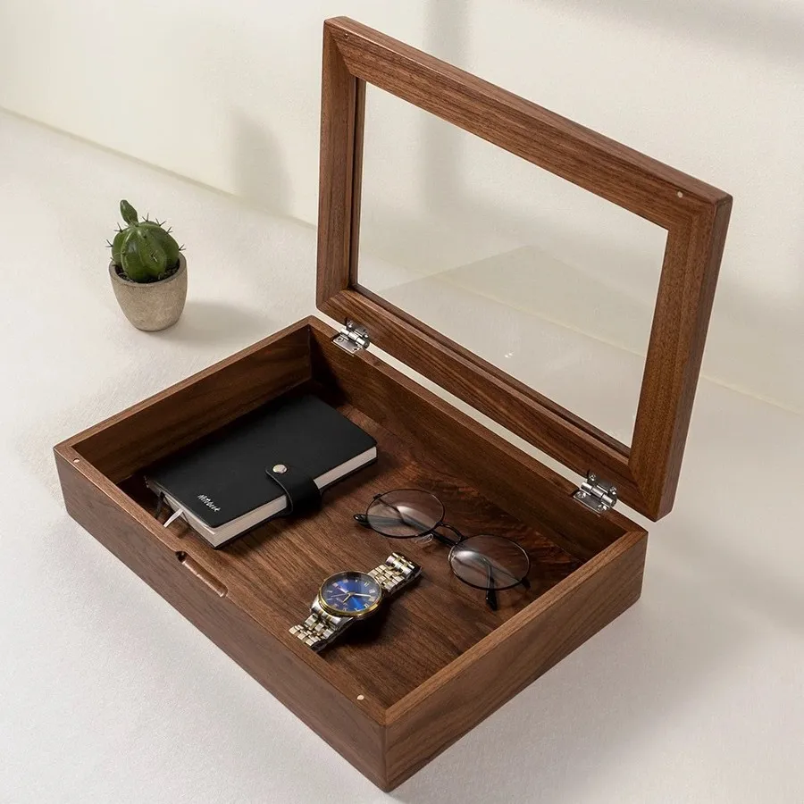 

-For Black Walnut Wenwan Walnut Storage Box Jewelry Bracelet Dust-proof Glass Desktop Display Storage Box*
