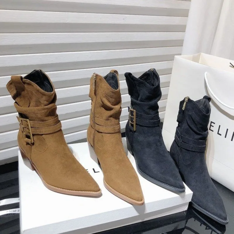 

2026 Brown Suede Kitten Heel Western Boots Pointed Toe Slip-on Pleated Coarse Heel Mid-Calf Boots Ea Fashion Autumn and Winte