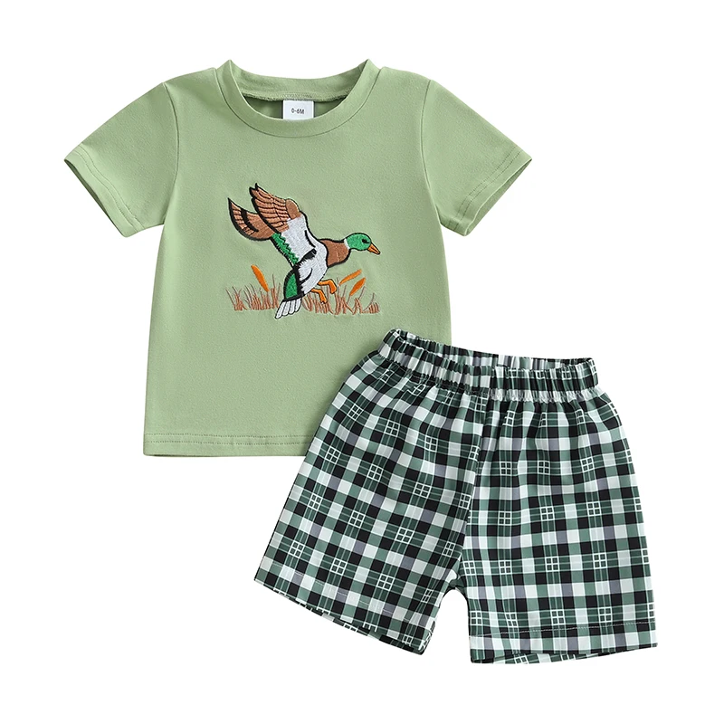 Infant Toddler Baby Boy Mallard Duck Clothes Summer Short Sleeve Shirts + Plaid Shorts Country Boy Farm Outfit